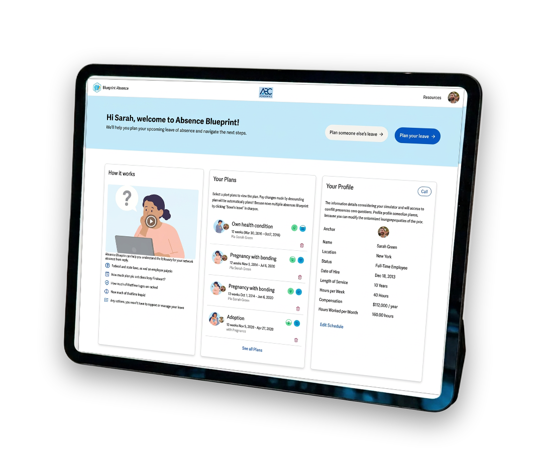 Absence Blueprint welcome screen with employee profile