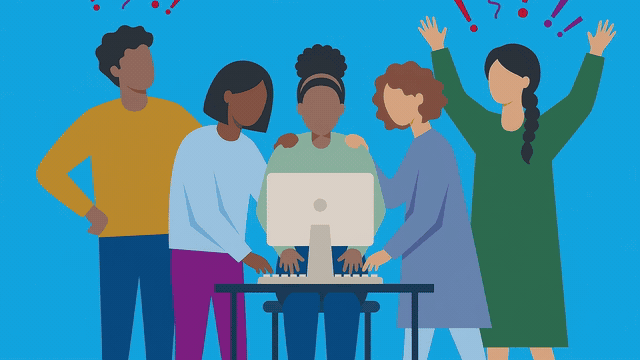 Five coworkers crowd around one computer, scrambling to be the one who types their updates